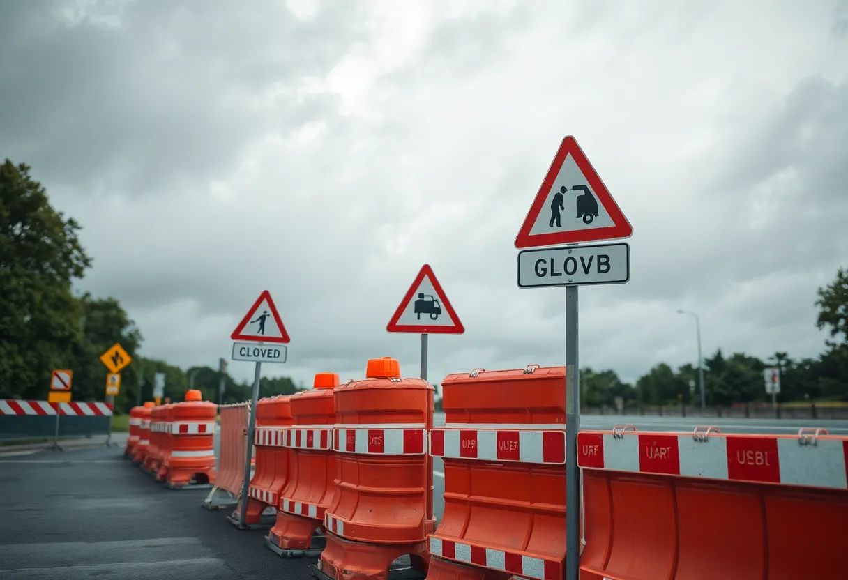 Road closure sign at Hume Road construction site