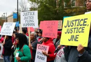 Community members holding signs advocating for justice in Harless case