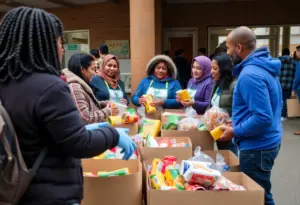 Community members participating in a food drive in Kentucky.
