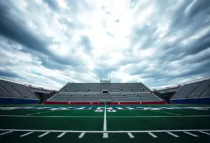 Empty Kentucky football field under a cloudy sky