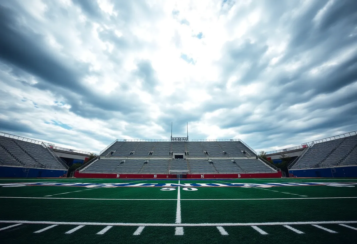 Empty Kentucky football field under a cloudy sky