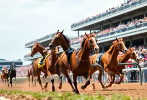 Horses racing in the Kentucky Jockey Club Stakes at Churchill Downs