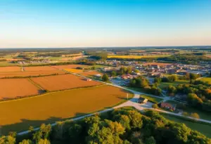 Landscape of rural Kentucky with lush fields and small towns