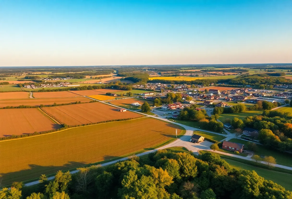 Landscape of rural Kentucky with lush fields and small towns