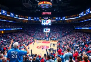 Kentucky Wildcats and Louisville Cardinals fans cheering during a basketball game