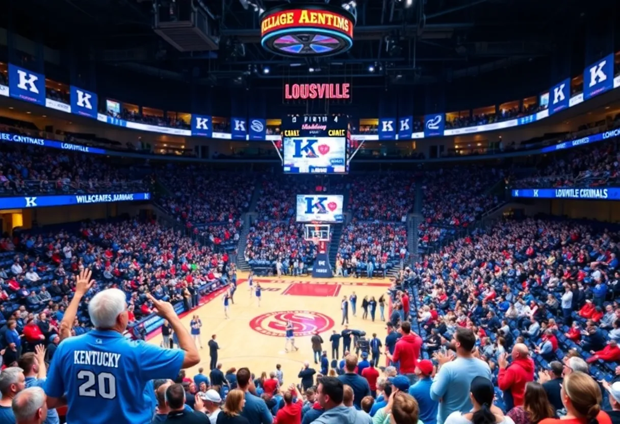 Kentucky Wildcats and Louisville Cardinals fans cheering during a basketball game