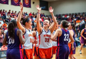 Kentucky Wildcats women's basketball team celebrating a victory after scoring 104 points against Monmouth University.