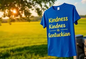 T-shirt design featuring the phrase 'Kindness is Kentuckian' set against a Kentucky landscape.