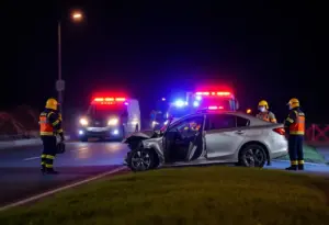 Emergency responders attending to a vehicle crash scene in Laurel County