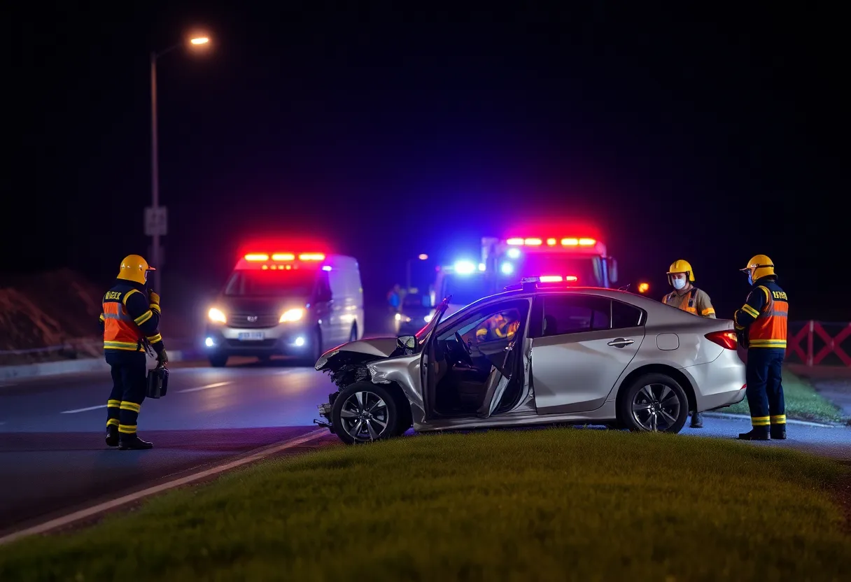 Emergency responders attending to a vehicle crash scene in Laurel County