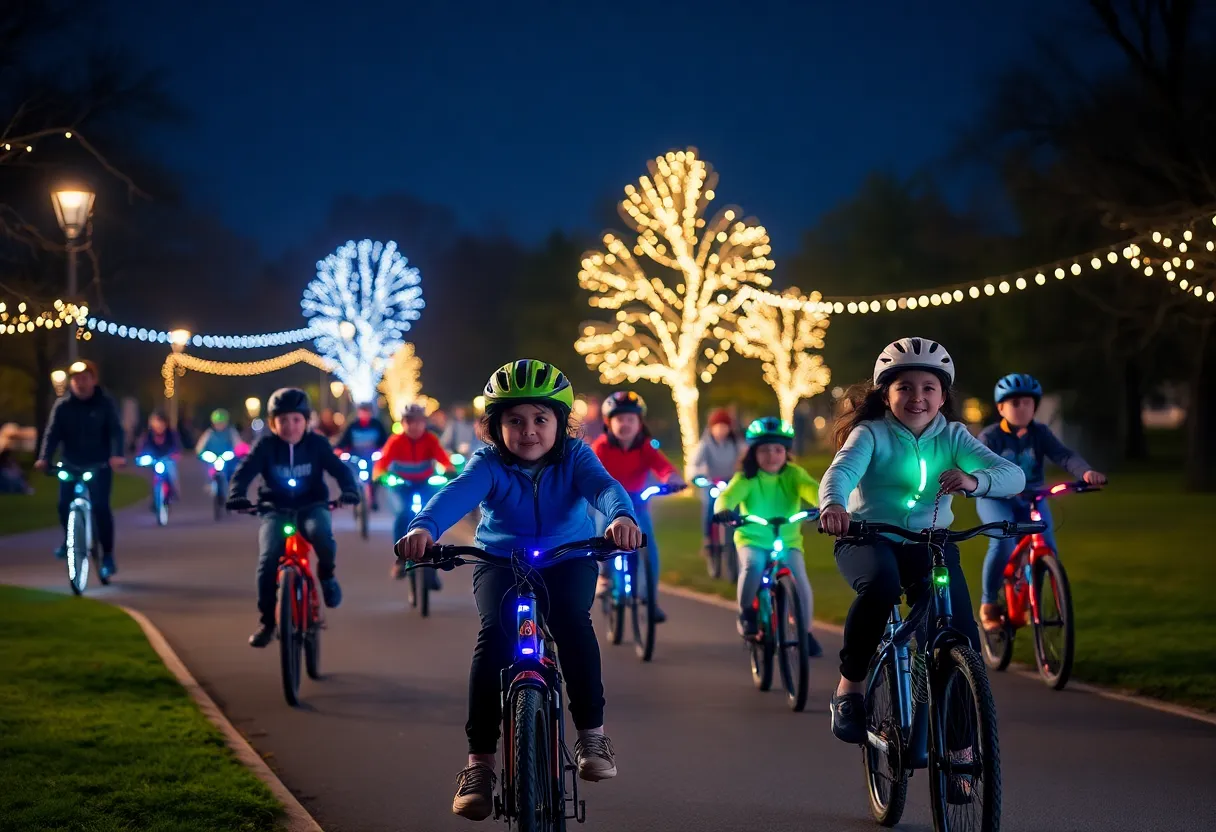 Families and cyclists enjoying the Lex Glow Ride with bikes decorated in lights.