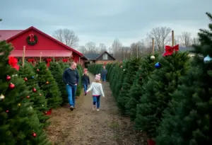 Families selecting Christmas trees at a farm in Lexington