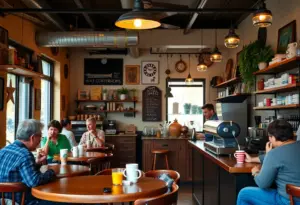 Interior of a closed coffee shop with empty tables and chairs, reflecting community support.
