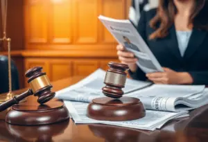 Courtroom setting with legal documents related to a dog bite lawsuit