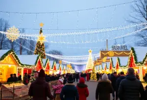 Families enjoying the Festival of Lights in Lexington with colorful light displays.