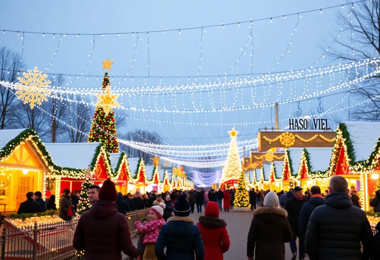 Families enjoying the Festival of Lights in Lexington with colorful light displays.