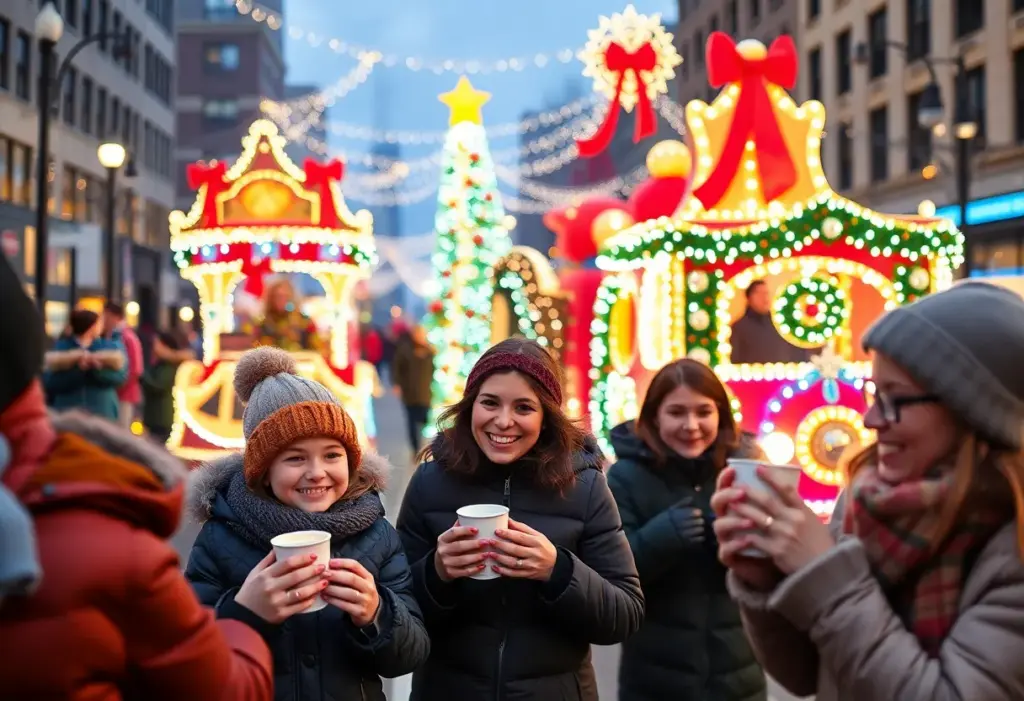 A vibrant scene from the Lexington Holiday Parade showing festive floats and joyful attendees.