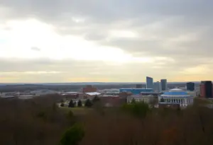 Overcast sky over Lexington, Kentucky showcasing unseasonably warm weather.