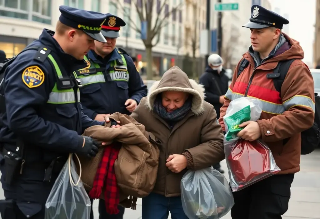 Police officers providing assistance to a homeless veteran in Lexington