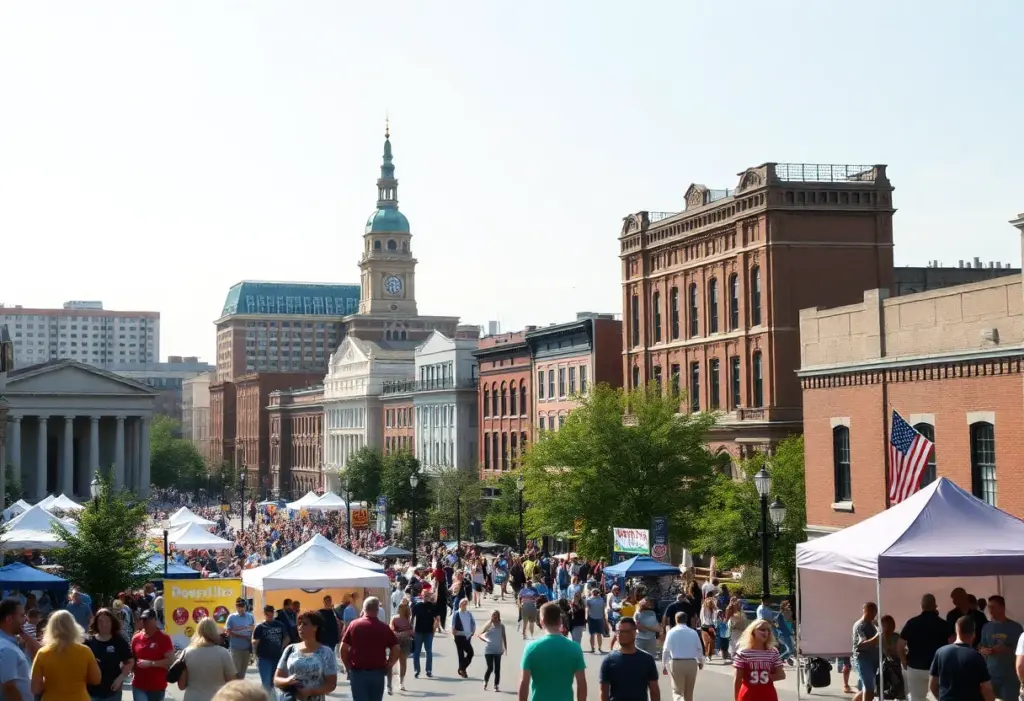 A vibrant cityscape of Lexington, Kentucky showing local attractions and community events
