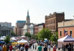 A vibrant cityscape of Lexington, Kentucky showing local attractions and community events