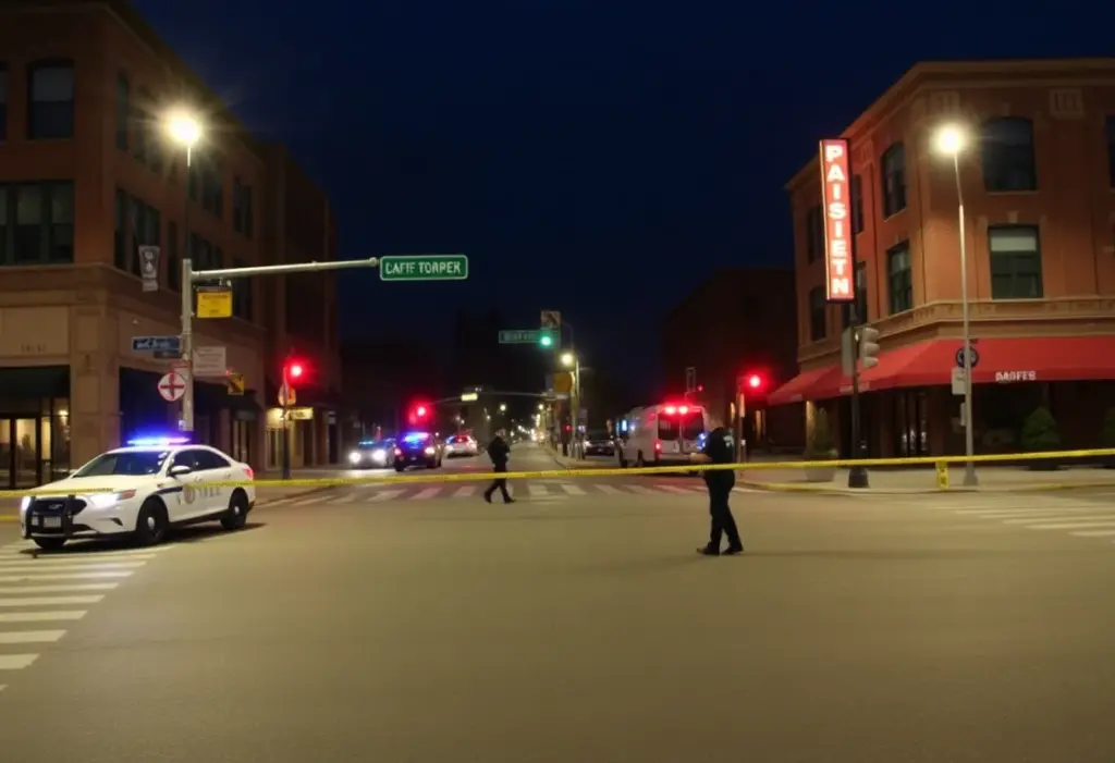 Police assessing a stabbing incident in downtown Lexington at night