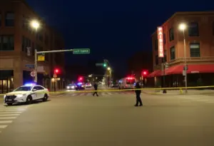 Police assessing a stabbing incident in downtown Lexington at night