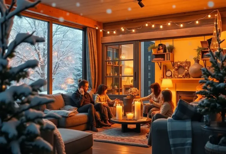 Cozy home in winter with snow and warm lights