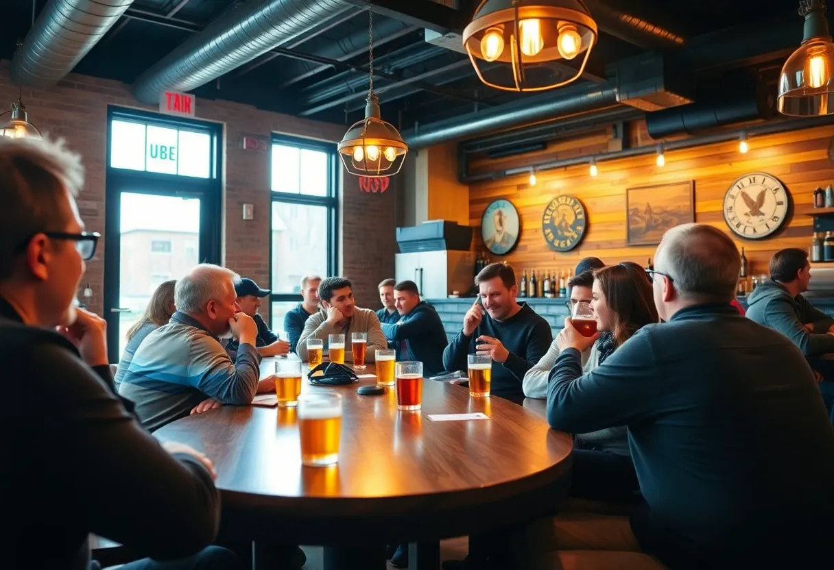 Patrons enjoying drinks at a local brewery taproom.