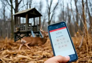 A deer hunting scene with a smartphone showing a lottery jackpot