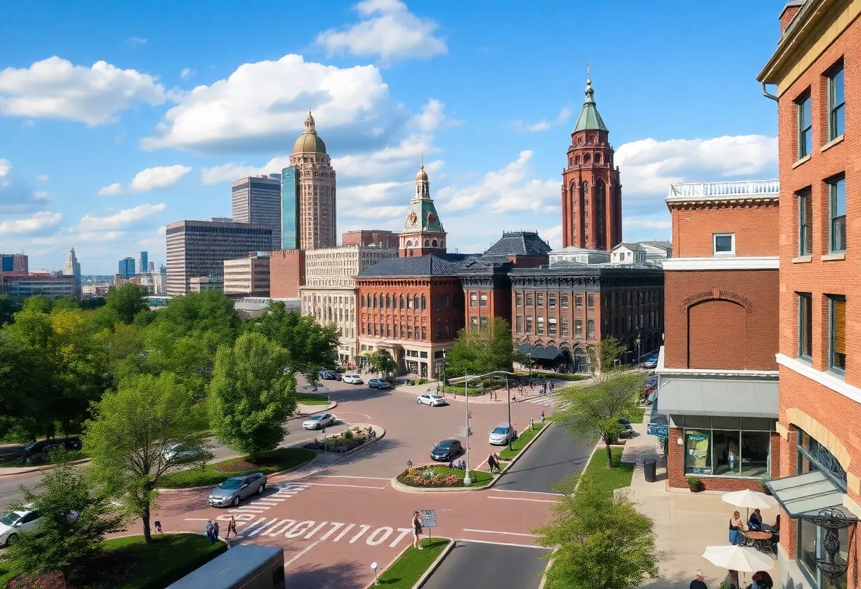 A scenic view of Louisville with parks and historic buildings