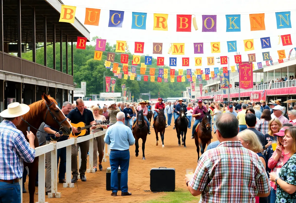 Festival attendees enjoying horse racing, bluegrass music, and bourbon tastings.