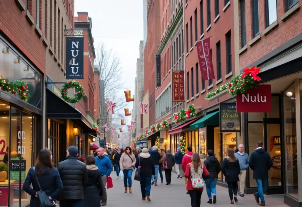Holiday shopping scene in Louisville's NuLu district featuring local businesses.