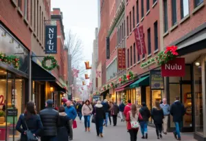 Holiday shopping scene in Louisville's NuLu district featuring local businesses.