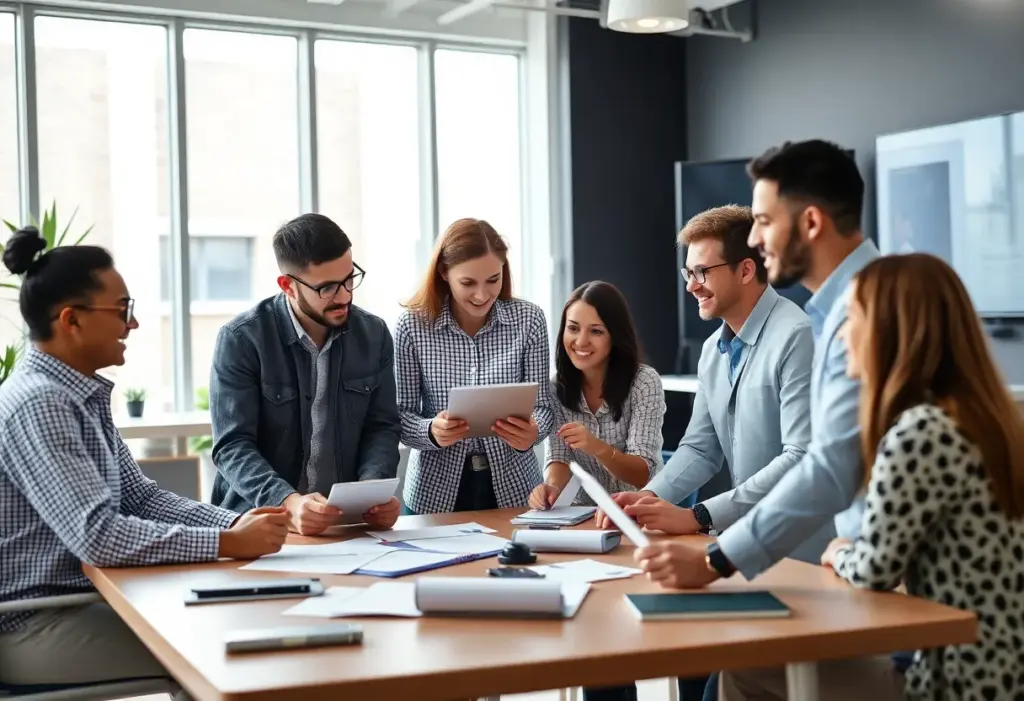 Team meeting discussing marketing strategies at a healthcare facility