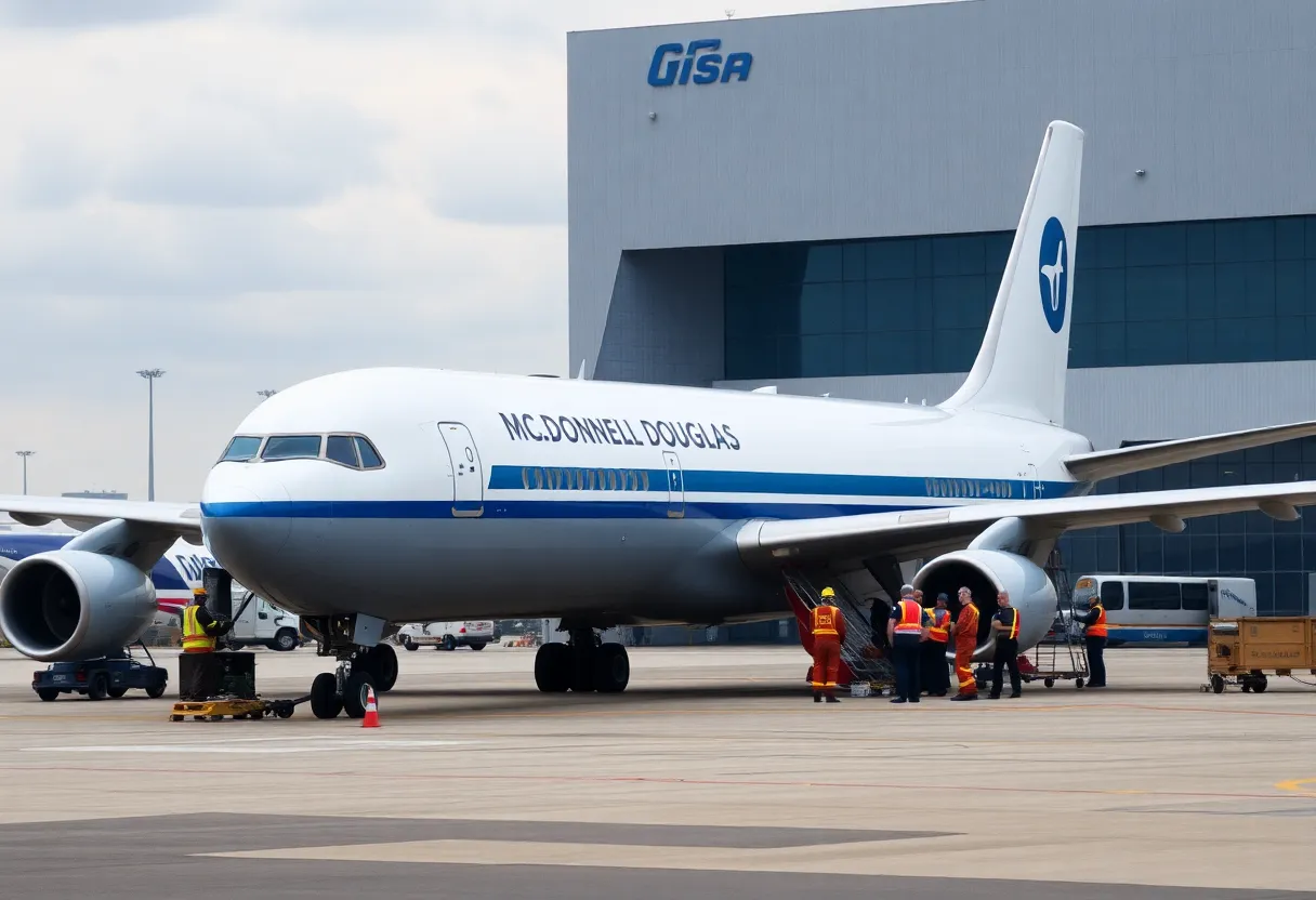 McDonnell Douglas MD-11 cargo plane with emergency response team