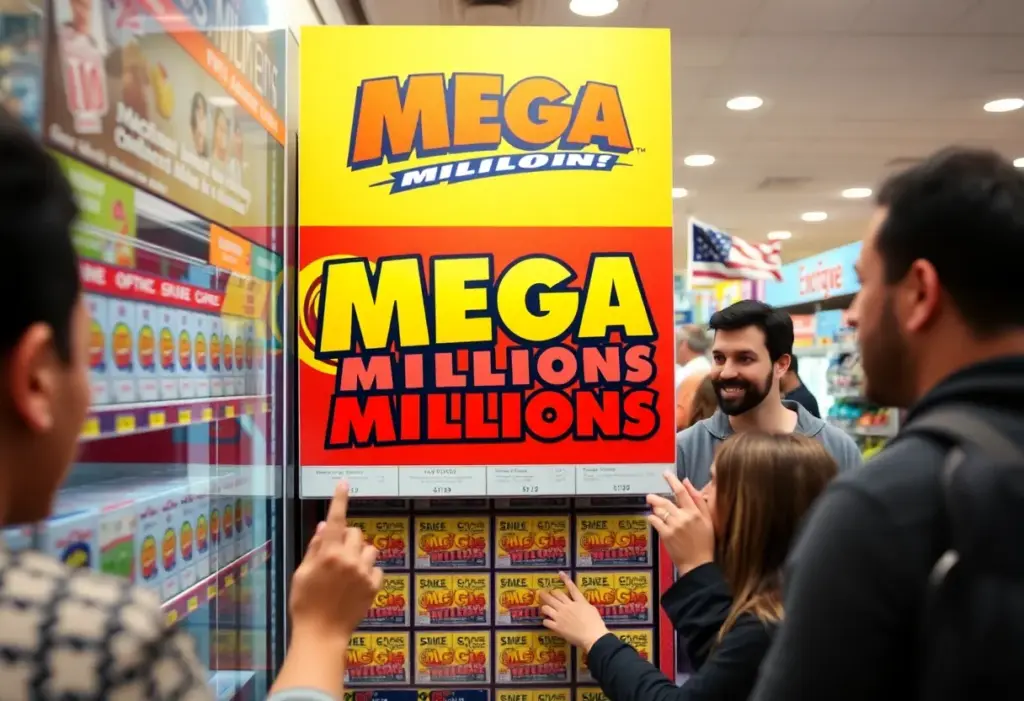 Excited customers receiving Mega Millions coupons at Kroger