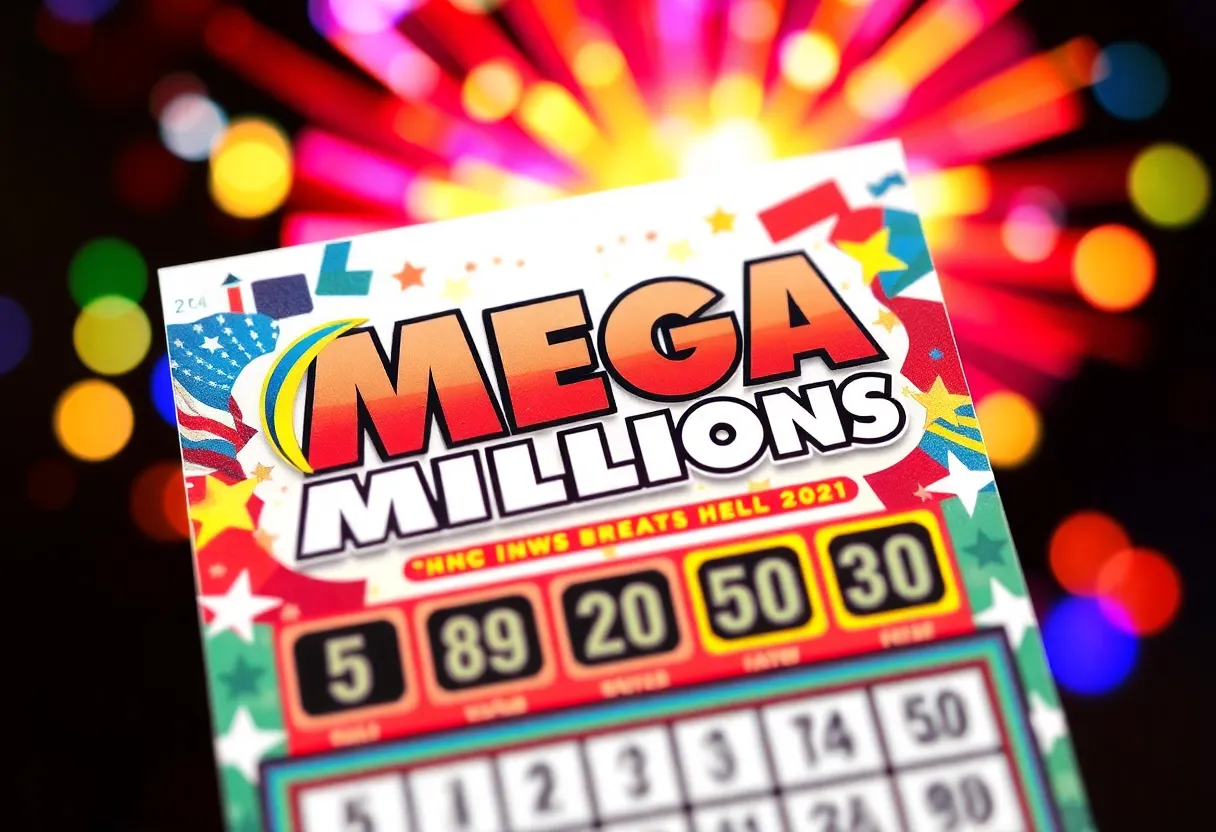 Colorful Mega Millions lottery ticket with jackpot display