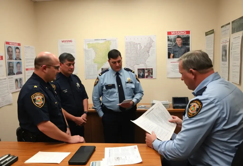 Officers at the Williamsburg Police Department discussing a missing persons case.
