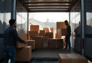 A team of movers loading items into a truck in a residential area in Lexington, Kentucky.