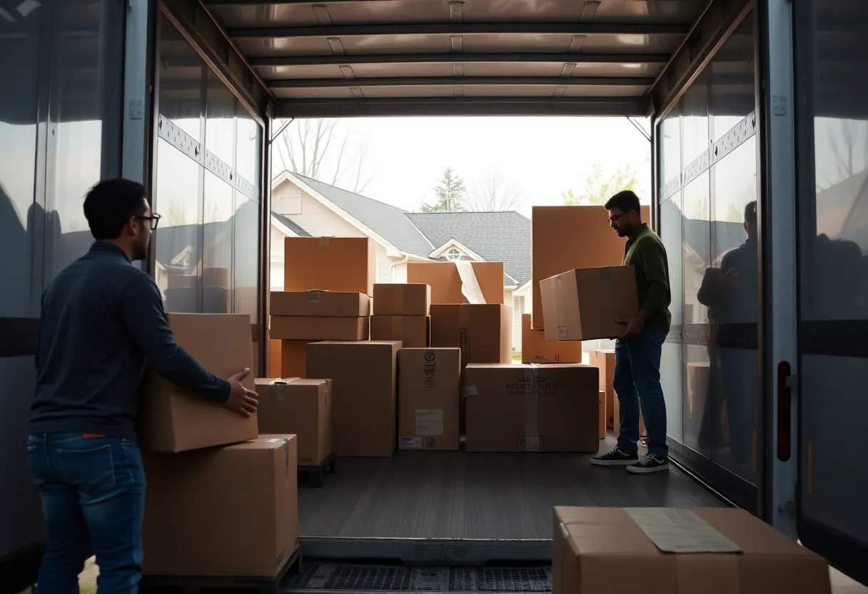 A team of movers loading items into a truck in a residential area in Lexington, Kentucky.