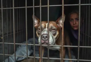 A neglected pit bull found in a cramped crate showing signs of distress and malnutrition.