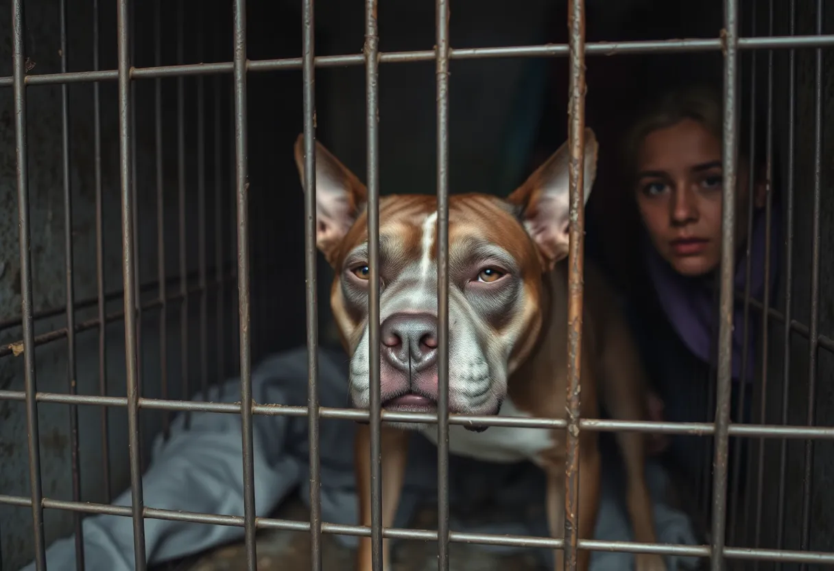 A neglected pit bull found in a cramped crate showing signs of distress and malnutrition.