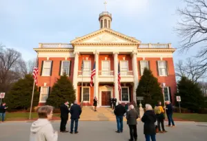 Old State Capitol in Frankfort with flags at half-staff