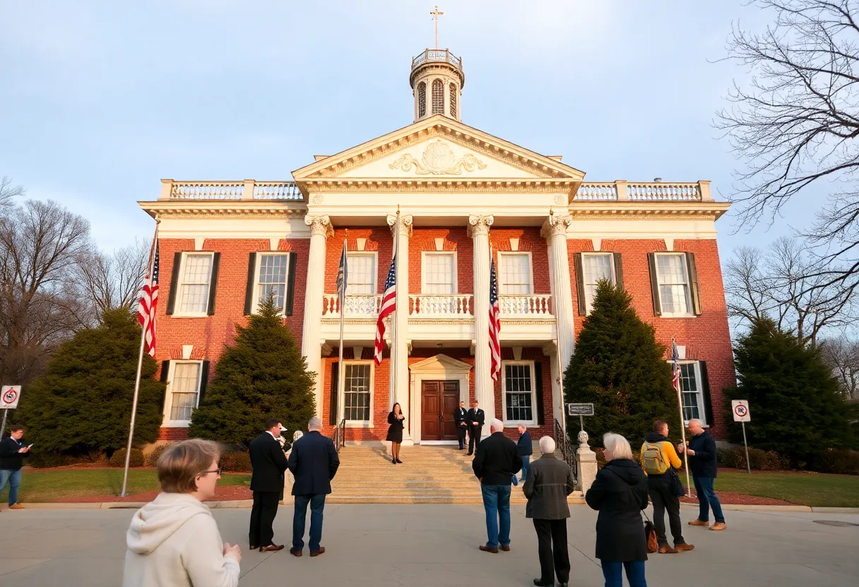 Old State Capitol in Frankfort with flags at half-staff