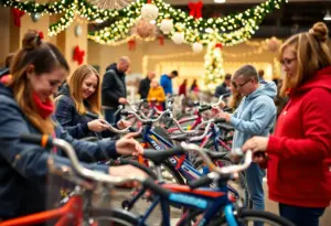 Community volunteers assembling bicycles for children in Lexington during Operation Bikemas.