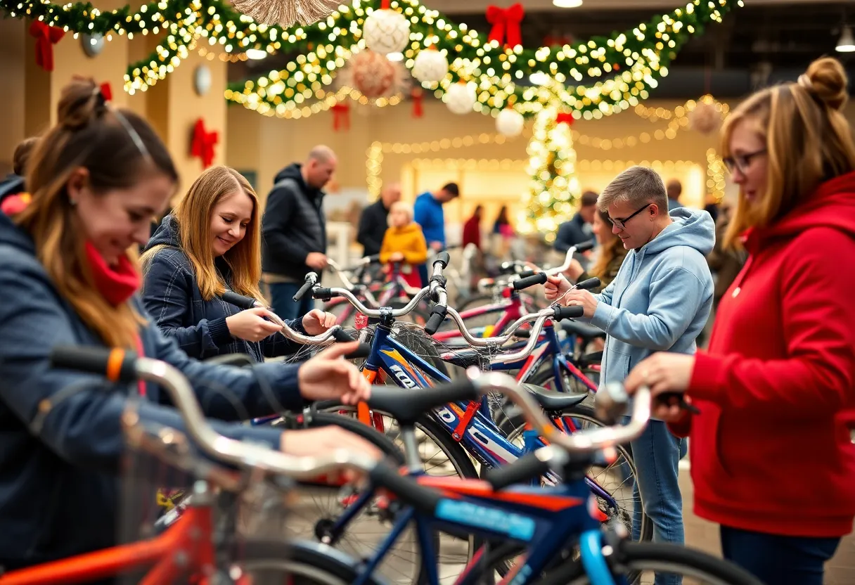 Community volunteers assembling bicycles for children in Lexington during Operation Bikemas.