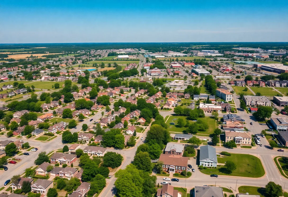 Aerial view of neighborhoods in Owensboro, Kentucky with houses and green parks.