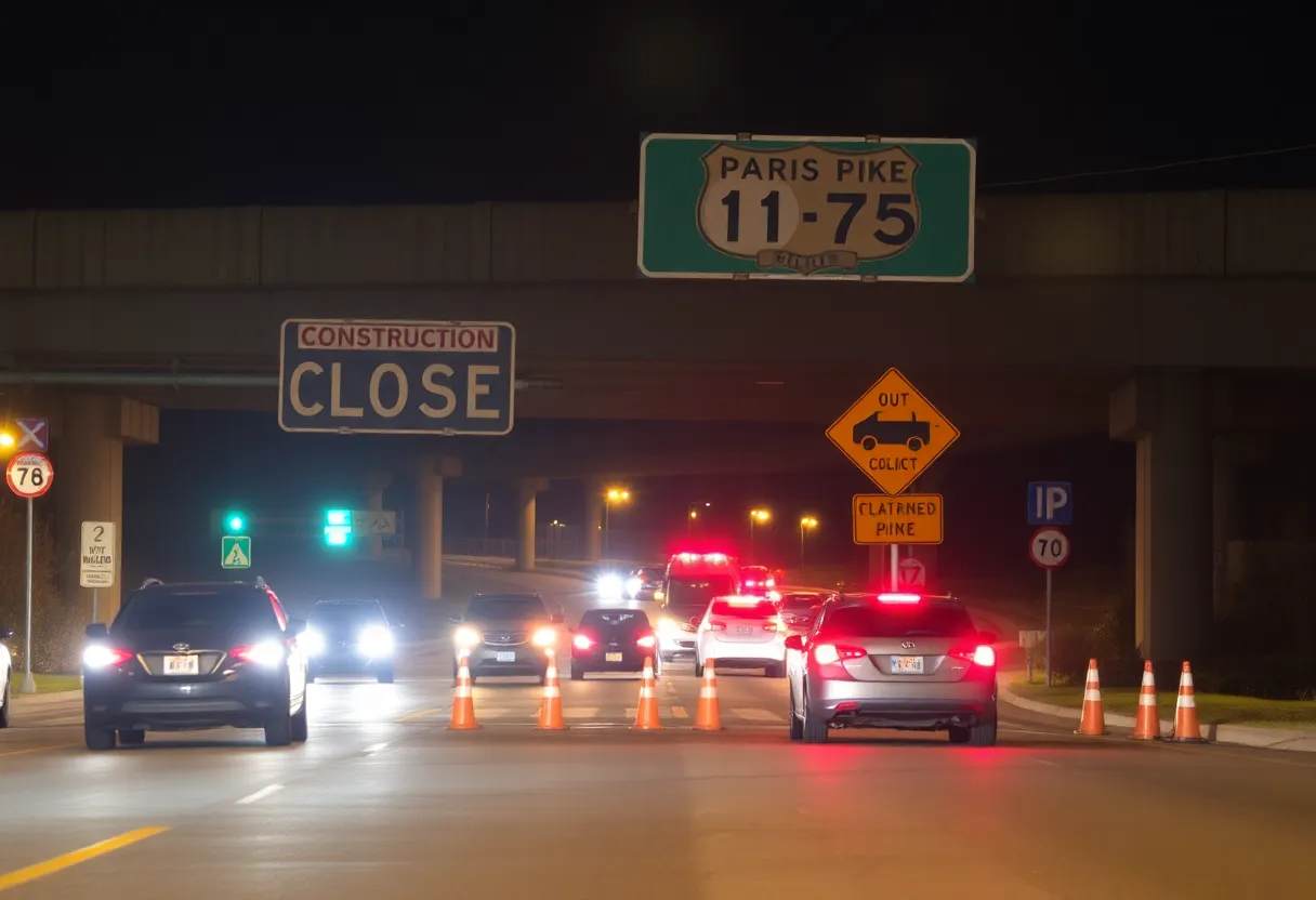 Construction signage and traffic cones at Paris Pike I-75 bridge closure