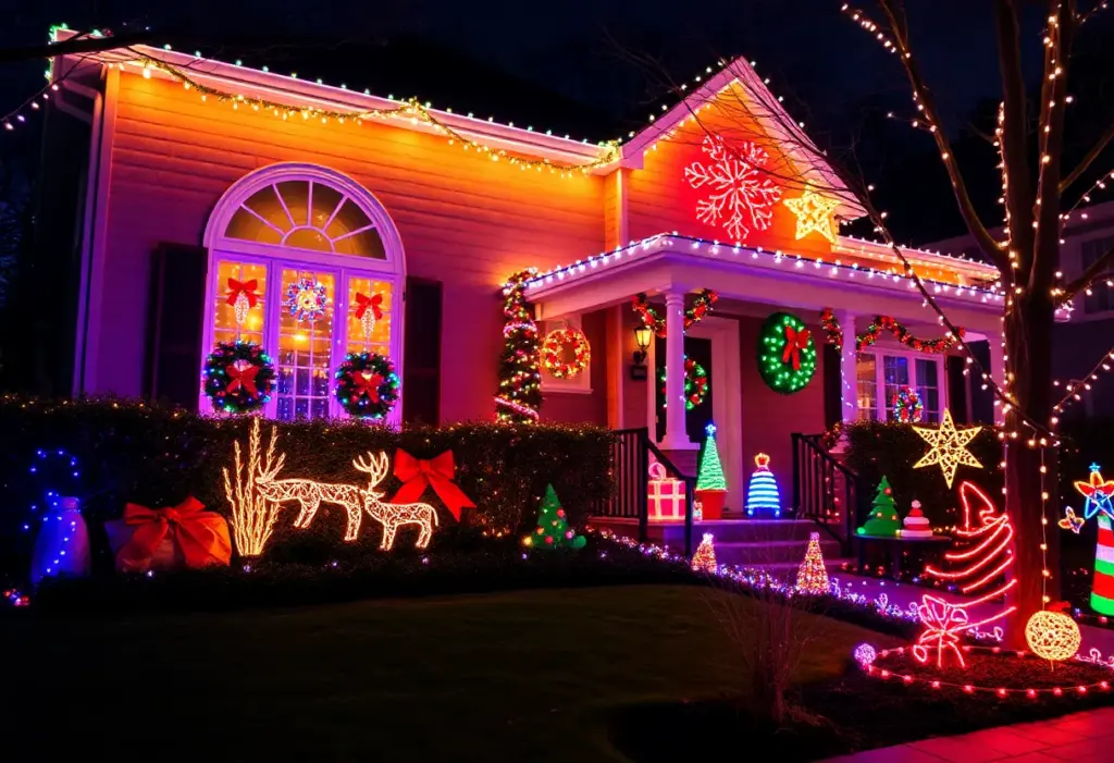A house illuminated with professional Christmas lights in a neighborhood.